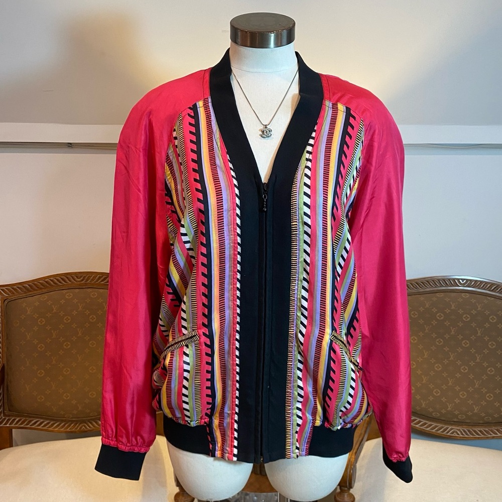 Vintage 80s 100% Silk Bomber Jacket Vibrant, Multicolored Striped Pattern L